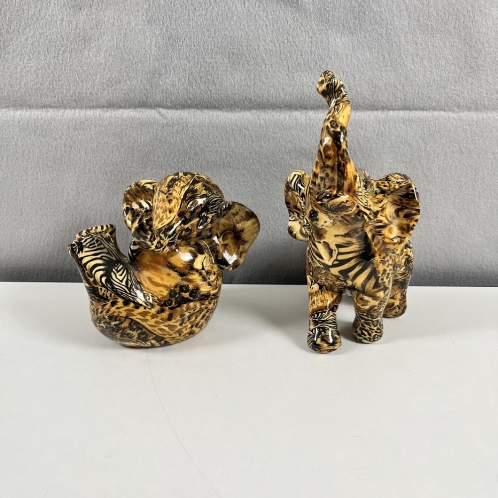 Set 2 Vintage La Vie Baby Elephant Safari Patchwork Animal Ceramic Figurines